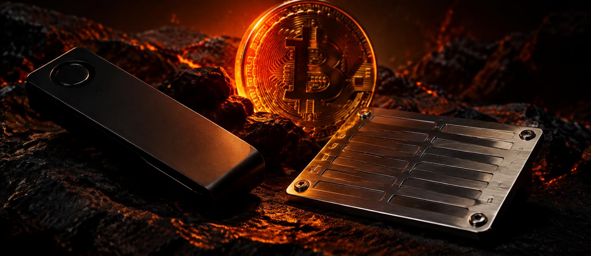 Carteira física e placa de aço com Bitcoin ao fundo