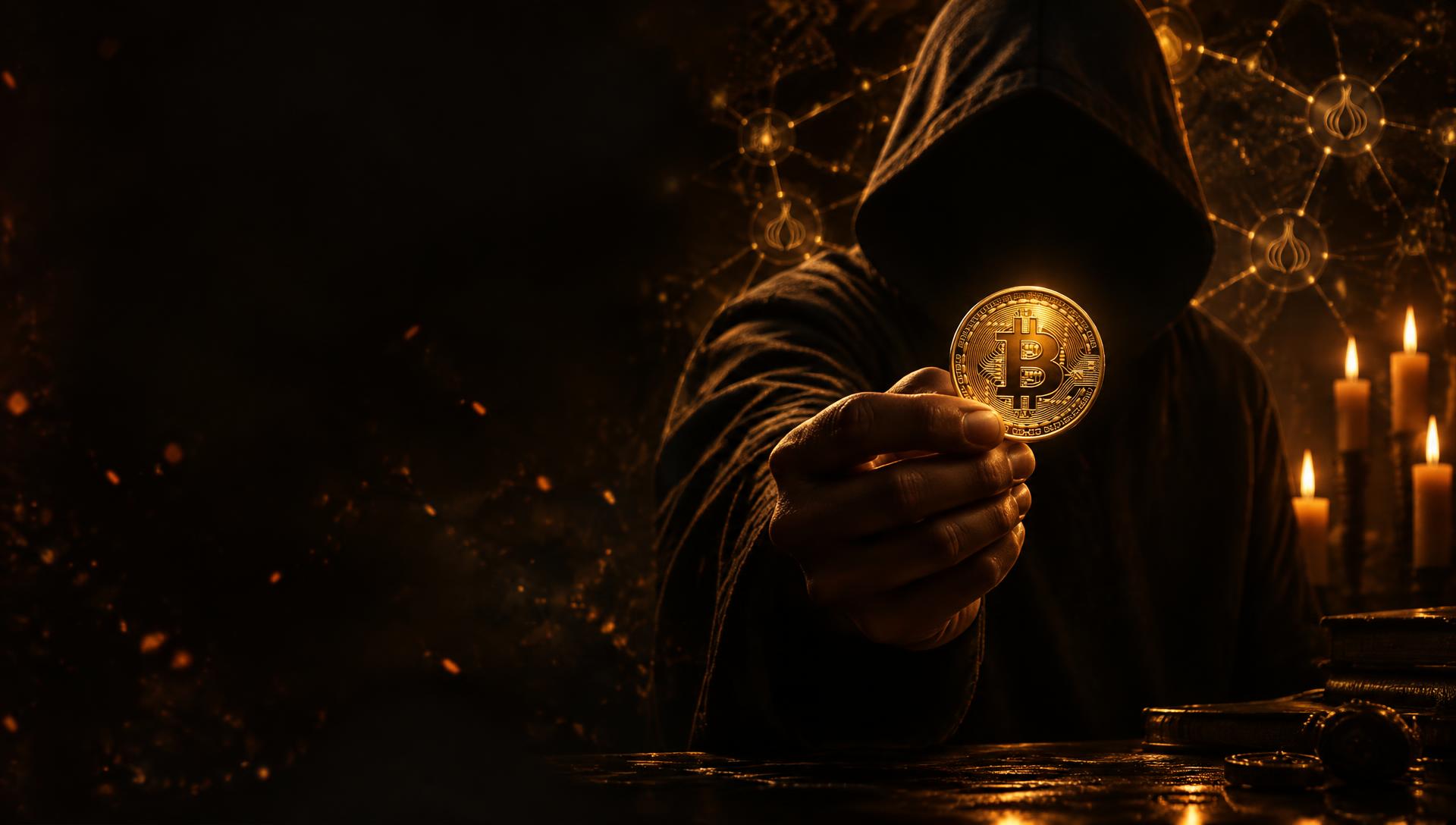 Mão segurando moeda de Bitcoin dourada à luz de velas