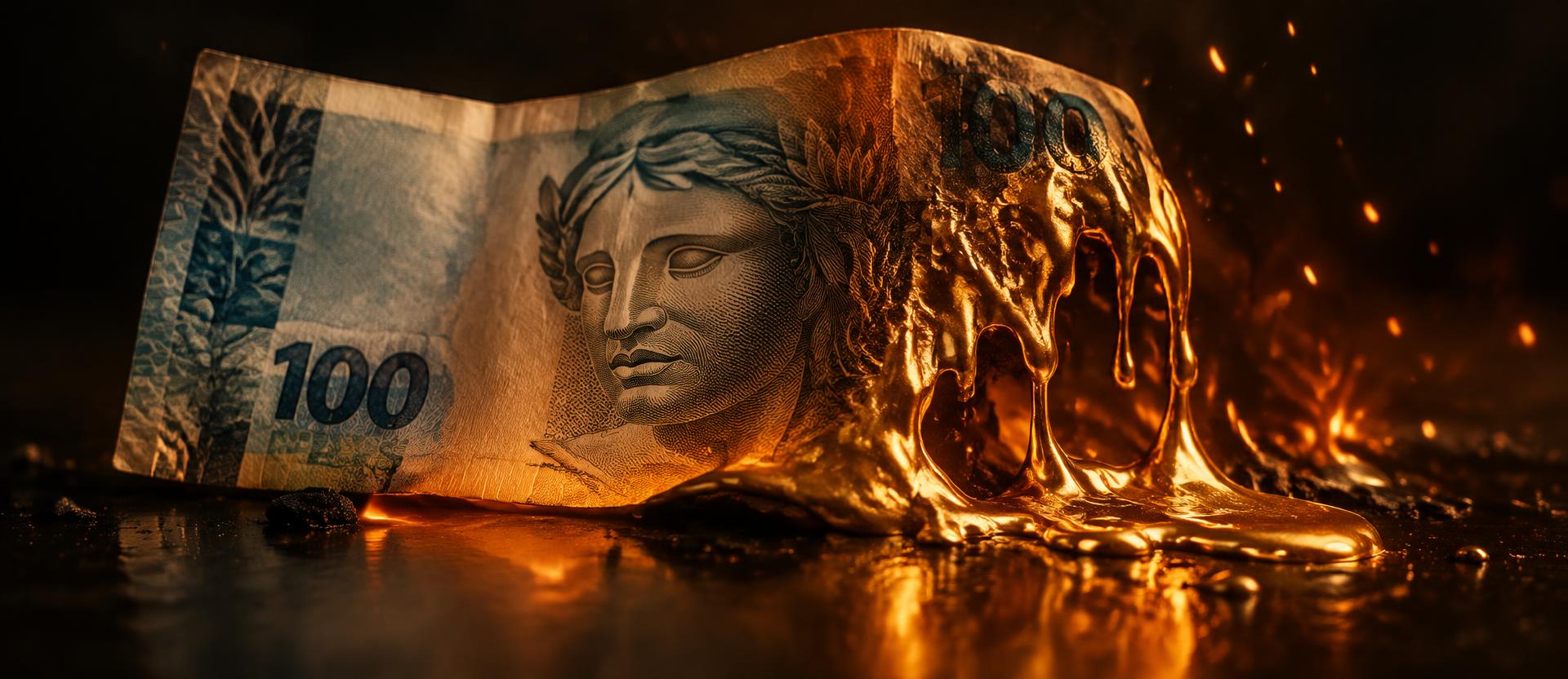 Nota de R$ 100 derretendo em ouro