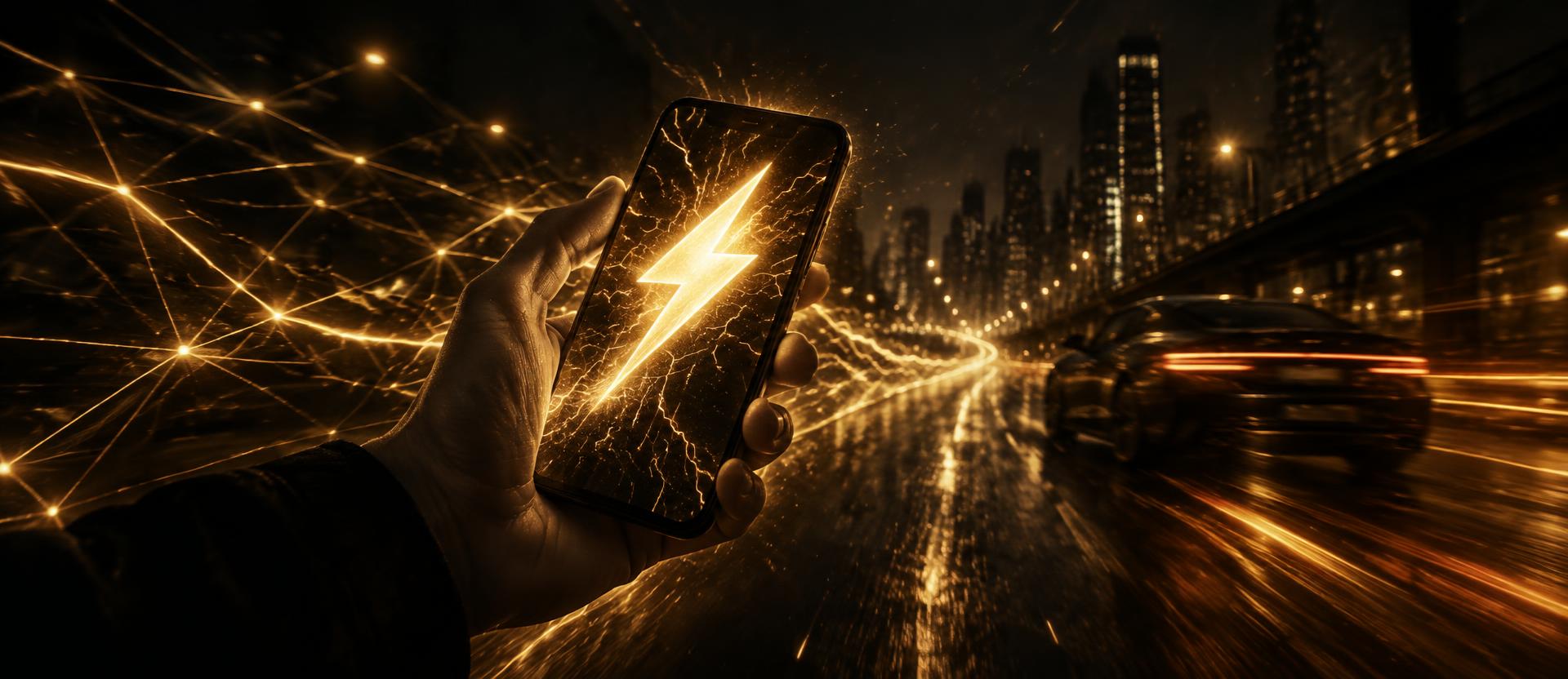 Celular com raio dourado da Lightning numa rua noturna