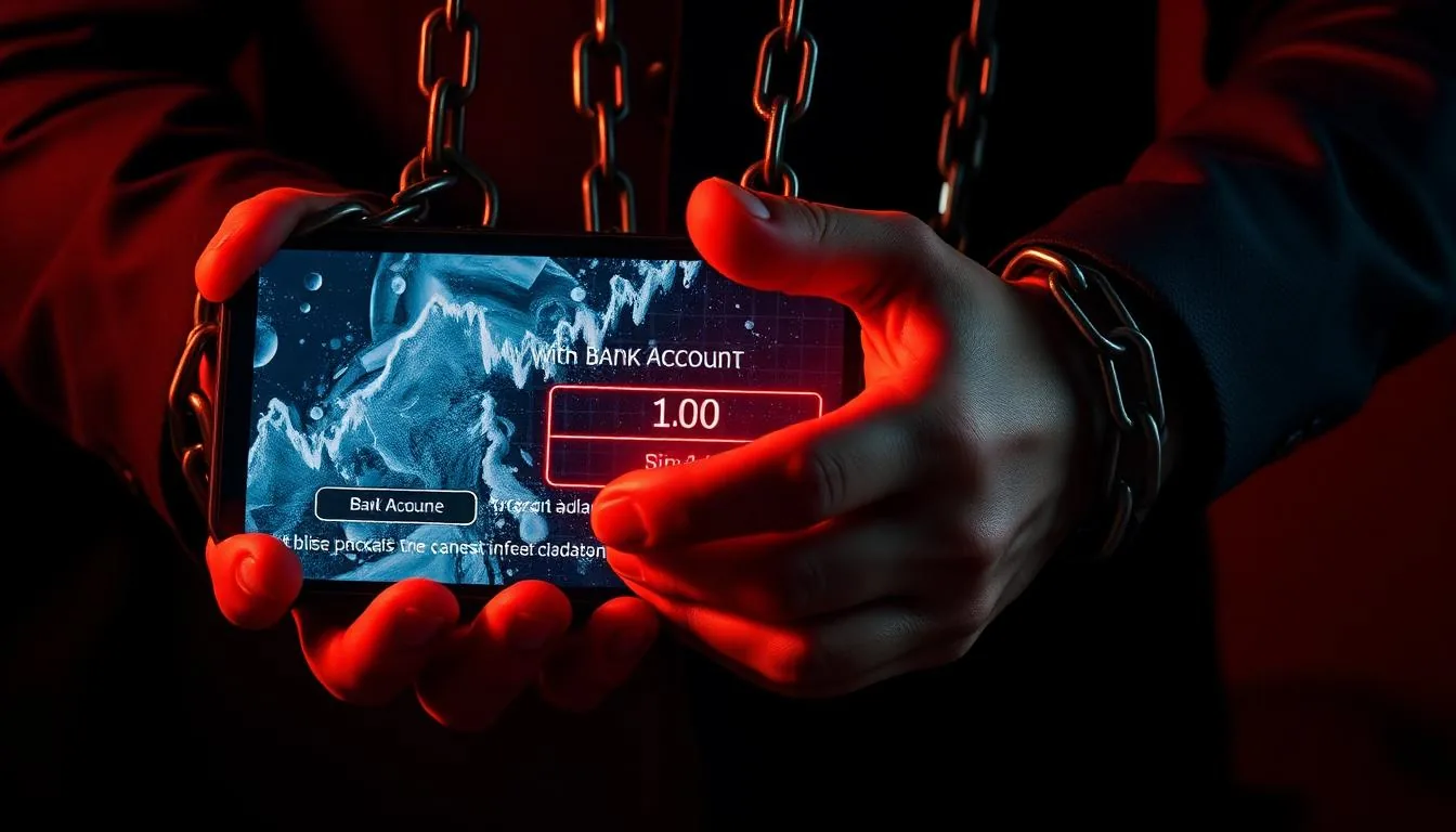 Mãos acorrentadas segurando celular com conta bancária bloqueada