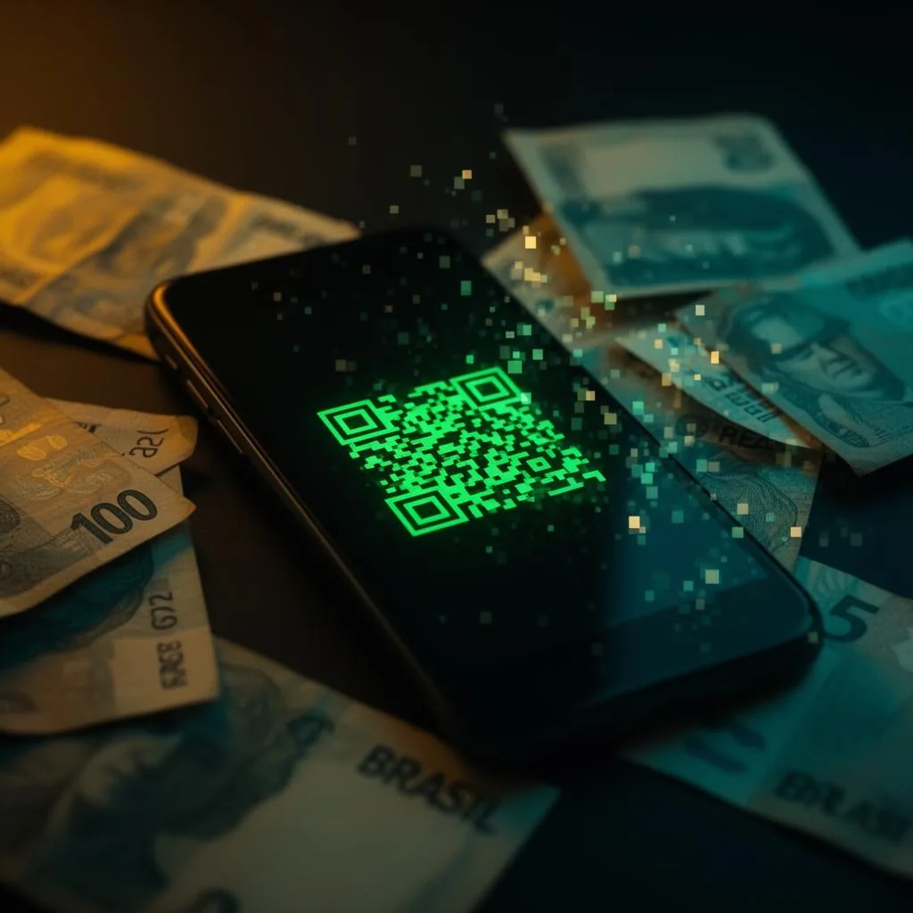 Celular com QR Code Pix ao lado de Bitcoin