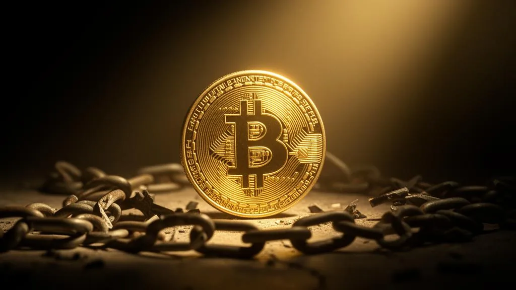Bitcoin dourado emergindo da escuridão entre correntes quebradas