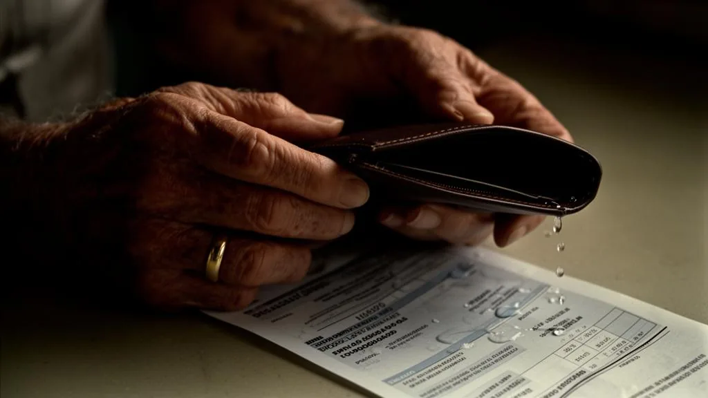 Mãos de idoso segurando carteira vazia sobre extrato bancário