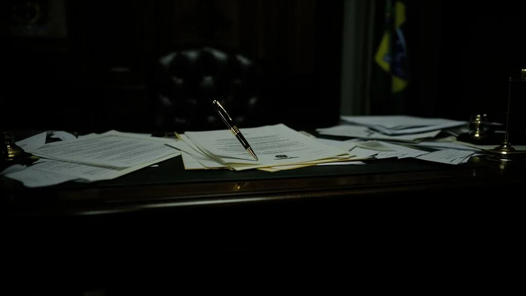 Mesa presidencial com decreto sendo assinado na escuridão