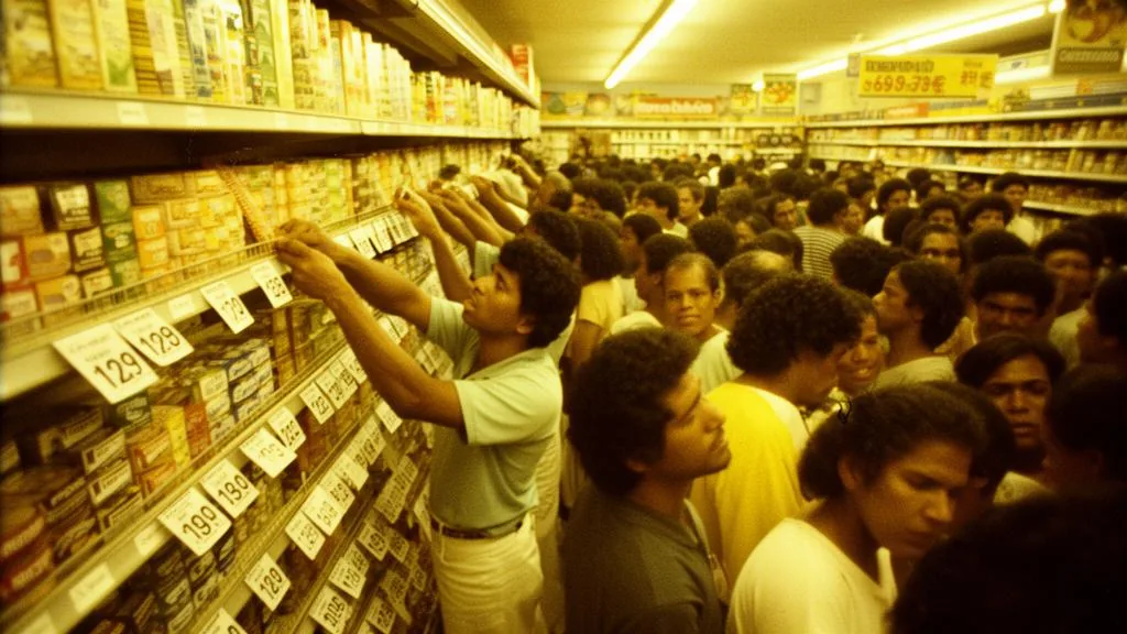 Supermercado lotado durante hiperinflação brasileira de 1989