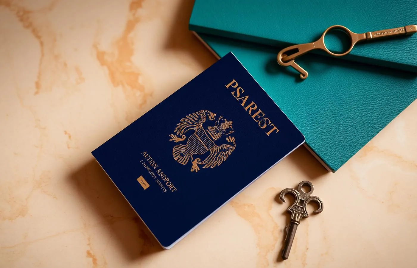 Passaporte e chave de bronze representando plano B internacional
