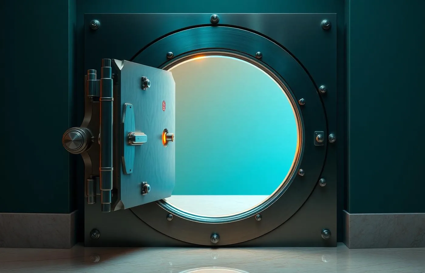 Cofre de banco com a porta levemente entreaberta deixando vazar luz
