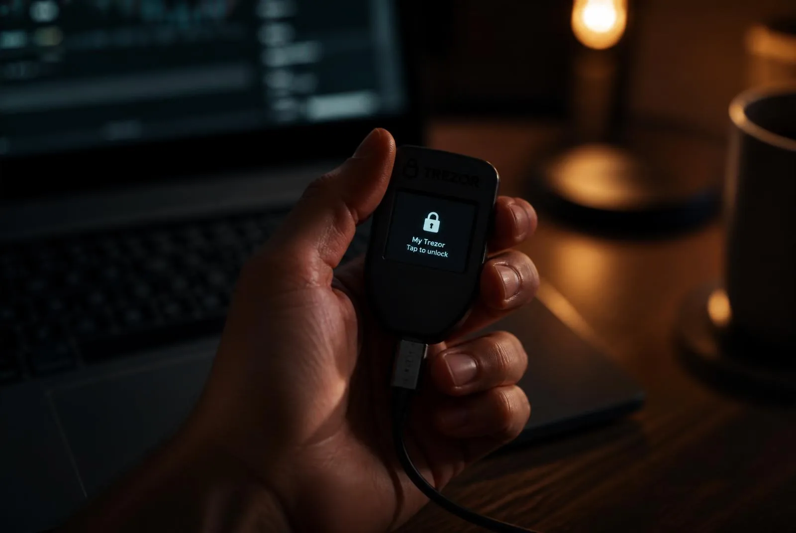 Mão segurando hardware wallet Jade Core conectada via USB-C ao computador
