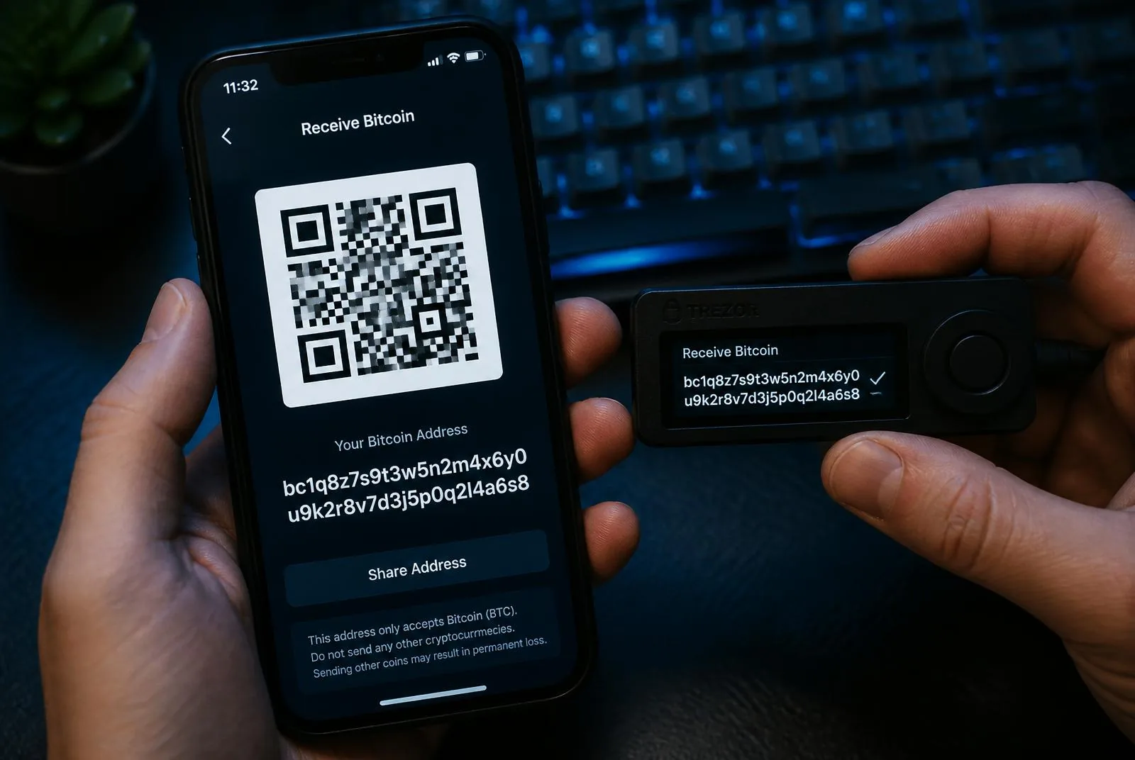 Endereço Bitcoin sendo verificado simultaneamente no celular e na tela do hardware wallet