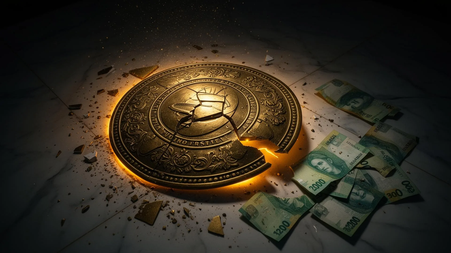 Escudo de protecao patrimonial quebrado proximo a banknotes brasileiras