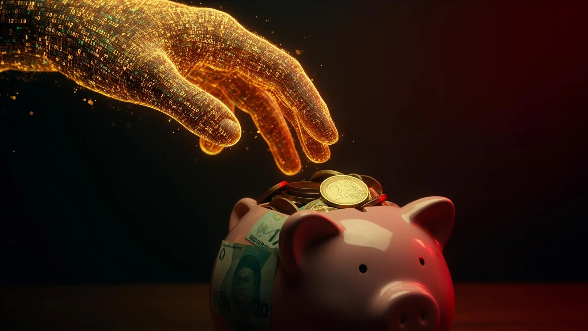 Mao digital feita de codigo binario alcancando cofrinho com moedas brasileiras