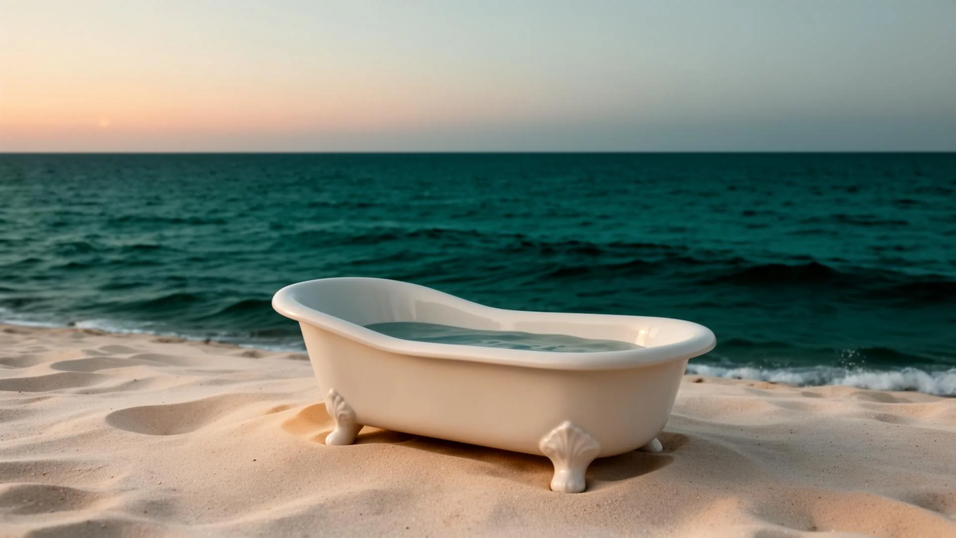 Pequena banheira de cerâmica transbordando na areia da praia diante de um oceano vasto ao entardecer, metáfora visual da escala incompatível entre baleia institucional e mercado de FIIs
