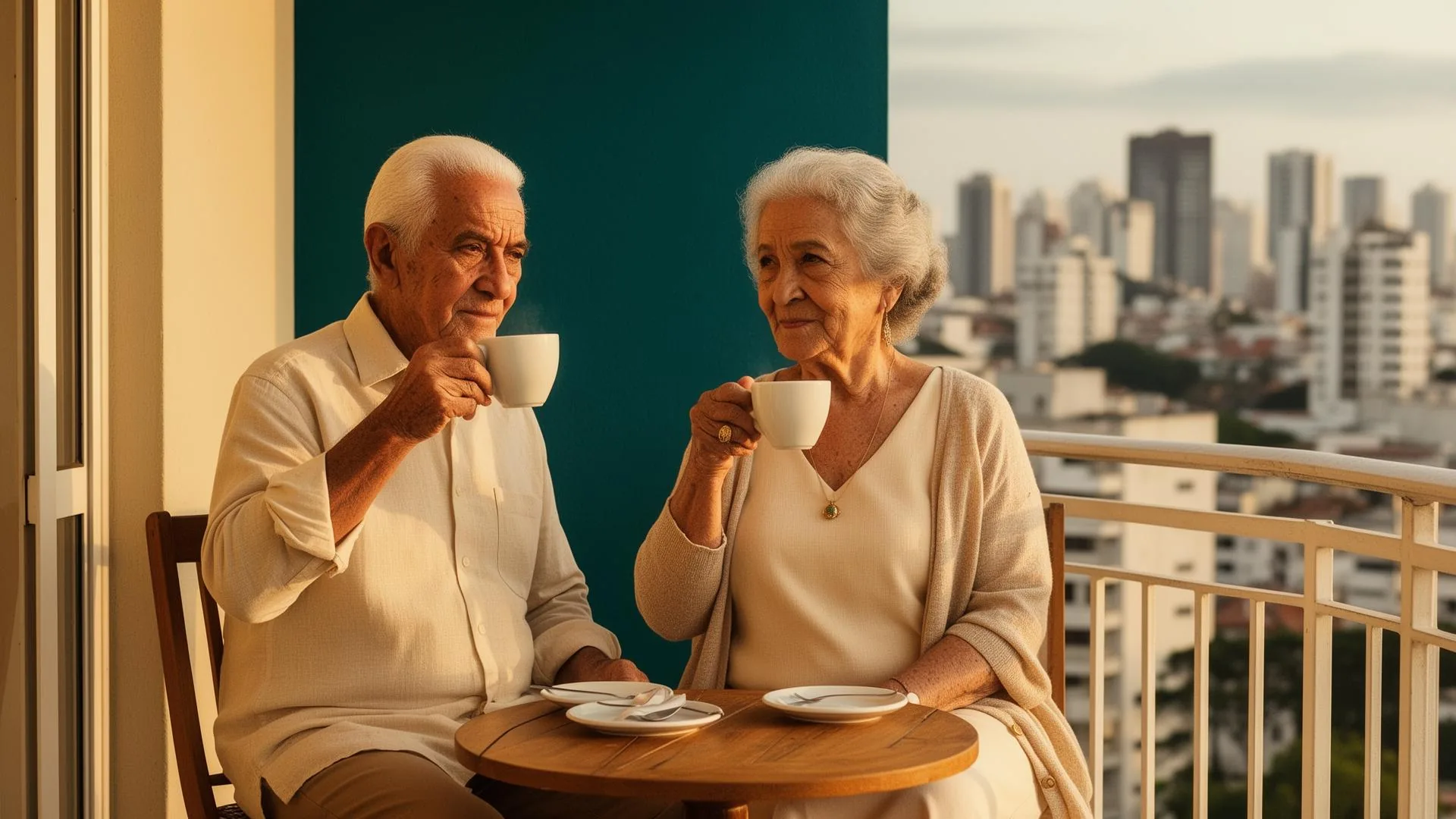 Casal idoso brasileiro tomando café em uma varanda ensolarada com vista para a cidade, retrato sereno do investidor que vive de renda mensal