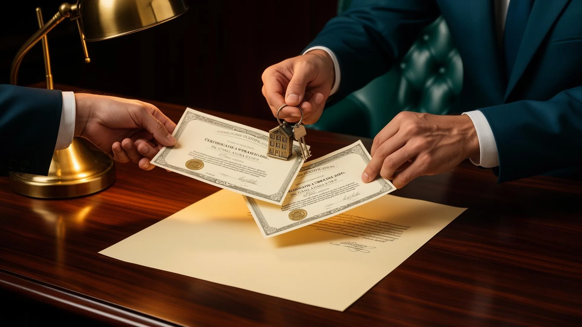 Mãos de dois investidores trocando chaves de imóvel por certificados de cota sobre uma mesa de mogno com luminária de latão, representando a aquisição de imóveis pagos com cotas pelo próprio fundo