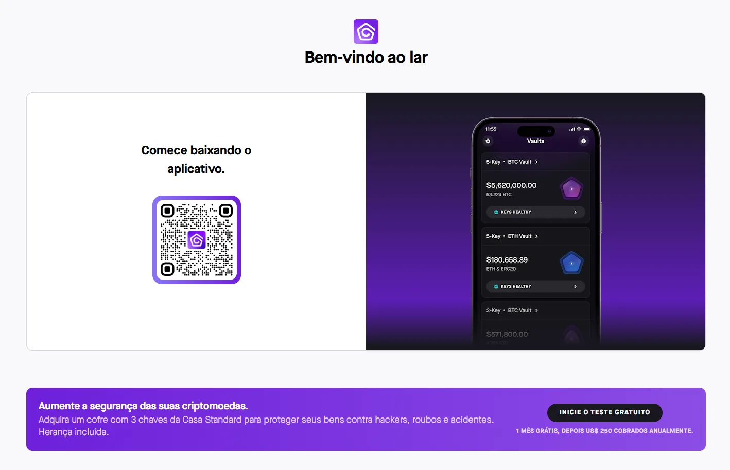 Interface do app Casa mostrando BTC Vault com saldo e keys healthy