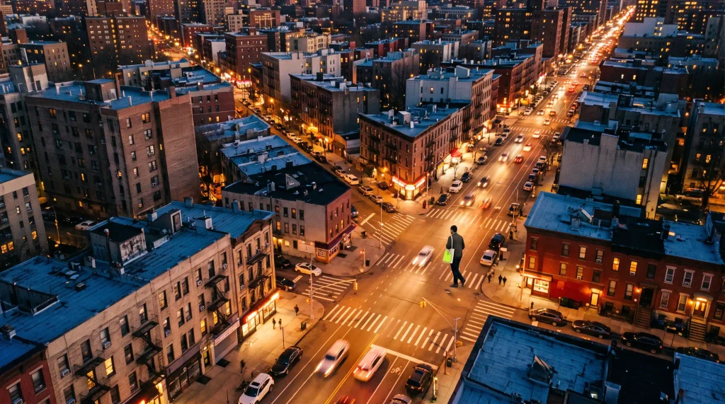 City avenues at dusk seen from above