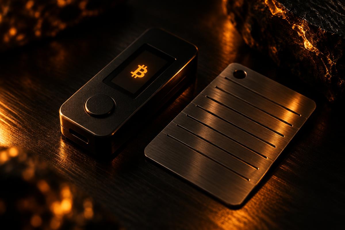 Hardware wallet Jade Core nas mãos com LED laranja